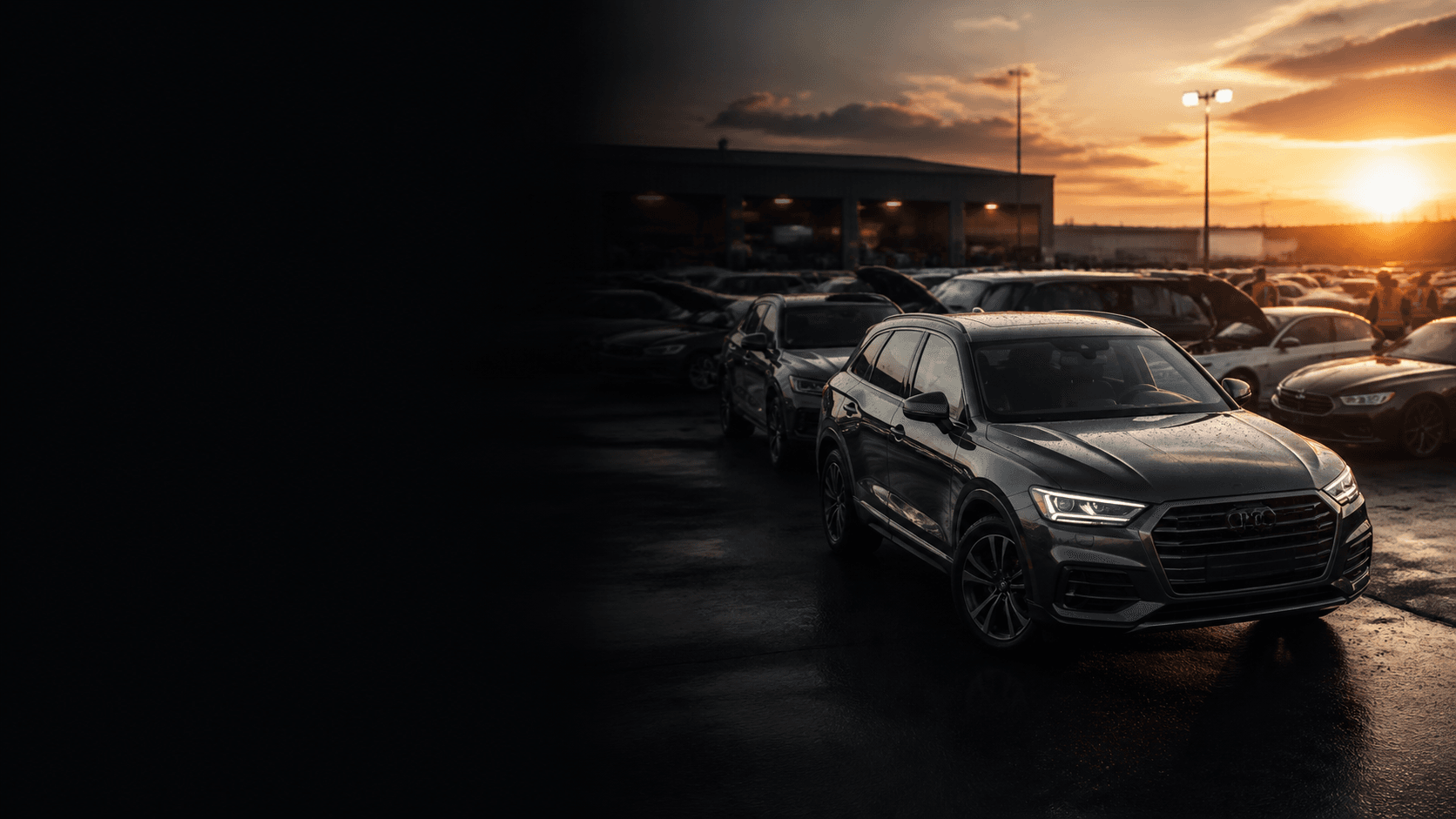 Used vehicles ready for an auction at sunset
