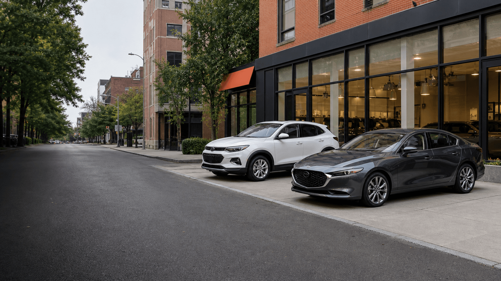 Modern automotive showroom with vehicles under nighttime lighting